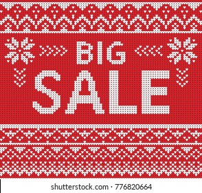 Winter sale discount banner. Ugly sweater. Vector illustration Handmade knitted background pattern with scandinavian ornaments. White, red, colors. Flat style