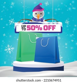 winter sale discount concept. shopping bags on podium and snow man with hanging offer board