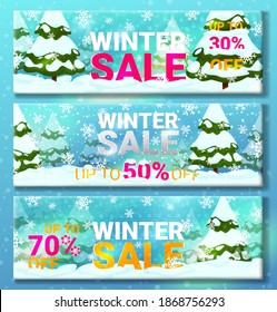 Winter sale discount coupon set, vector illustration. Winter weather in the forest, it is snowing. Christmas trees are covered with snow. Poster written up to 50 percent off, up to 70 percent off.