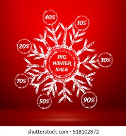 Winter Sale Discount Flyer. Graphic Snowflake Textured Vector Illustration Template. Christmas Sale Red Banner. Big Winter Sale Text Message.