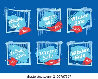 Winter sale discount iced frozen frame seasonal clearance shopping poster design template set vector flat illustration. Holiday retail special offer shop store melting ice frost snow promo border