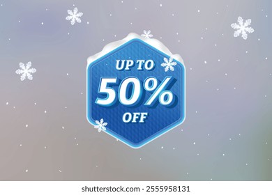 Winter Sale Discount Label. Hexagon Shape Sale Promotion Stamp With Price Upto 50% Off Tag. Stamp Vector Illustration For Winter, Christmas, Year End And New Year Sale