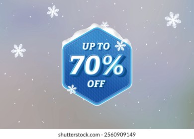 Winter Sale Discount Label. Hexagon Shape Sale Promotion Stamp With Price Upto 70% Off Tag. Stamp Vector Illustration For Winter, Christmas, Year End And New Year Sale