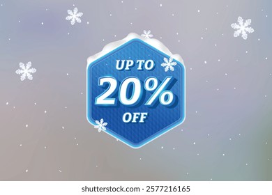 Winter Sale Discount Label. Hexagon Shape Sale Promotion Stamp With Price Upto 20% Off Tag. Stamp Vector Illustration For Winter, Christmas, Year End And New Year Sale