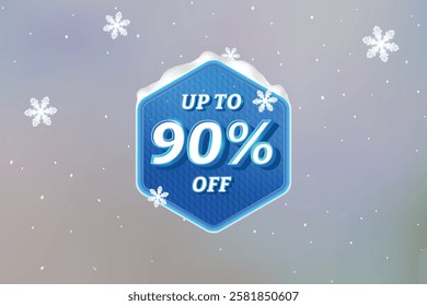 Winter Sale Discount Label. Hexagon Shape Sale Promotion Stamp With Price Upto 90% Off Tag. Stamp Vector Illustration For Winter, Christmas, Year End And New Year Sale