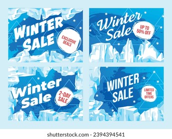 Winter sale discount limited offer marketing shopping banner with ice glace set isometric vector illustration. Seasonal clearance advertising promo poster snow iced rock decoration price off announce