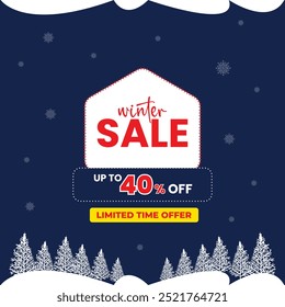 Winter sale discount offer dark blue background with snow fall