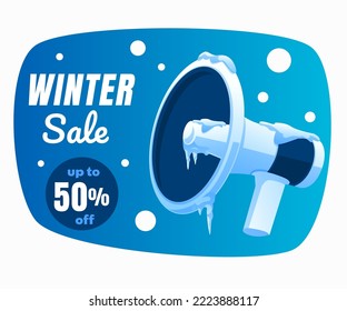 winter sale discount on megaphone, snow flakes all around