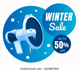 winter sale discount on megaphone, snow flakes all around