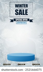 winter sale discount portait template banner with blank space 3d podium for social media post product sale with abstract gradient blue background design6