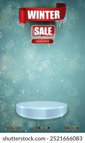 winter sale discount portait template banner with blank space 3d podium for social media post product sale with abstract gradient blue background design2