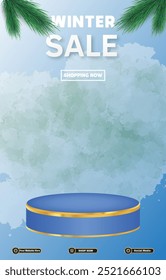 winter sale discount portait template banner with blank space 3d podium for social media post product sale with abstract gradient blue background design1