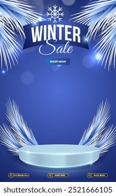 inverno venda desconto portait modelo banner com espaço em branco 3d pódio para mídia social pós venda do produto com gradiente abstrato azul plano de fundo design 15