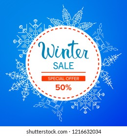 Winter sale of a discount.Hand lettering.Greeting card, Flat vector.Hand sketch.Greeting card.Brush calligraphy.
