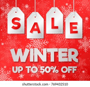 Winter Sale - discounts up to 50% off. Banner with glossy snowflakes. Vector.
