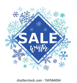Winter sale doodle banner with snowflakes. Hand drawn lettering
