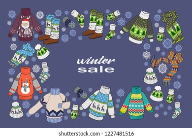 Winter sale doodles, seasonal clothes, color flyer template or postcards for your design. Vector illustration
