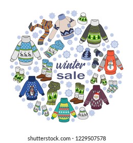 Winter sale, doodles seasonal clothes on a white background, color flyer template or postcards for your design. Vector illustration