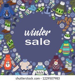 Winter sale, doodles seasonal clothes, color flyer template or postcards for your design. Vector illustration