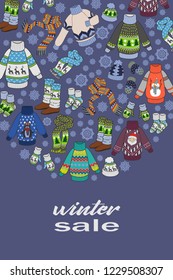 Winter sale, doodles seasonal clothes, flyer template or postcards for your design. Vector illustration