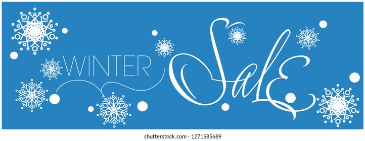 Winter Sale - elegant hand drawn lettering; with snowflakes on blue background. Vector illustration for flyers, banners, stickers, posters, discount shopping, commerce, promo, online stores, web.