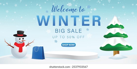 Winter sale with empty podium up to 50% offer, gifts box, shopping bag, snow tree. winter background with snow and snowflakes with winter text and shop now