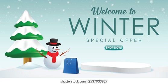 Winter sale with empty podium, shopping bag, snow tree. winter background with snow and snowflakes with winter text and shop now