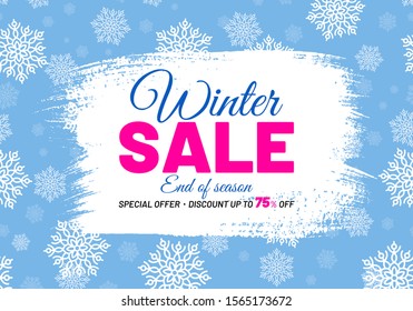 Winter sale end of season flyer. Special offer discount up to 75% off. Christmas sale event. Retail banner with snowflakes on blue background. Advertising template for promotion and marketing campaign