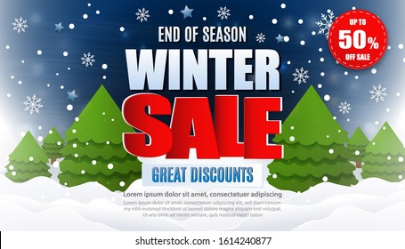 Winter sale. End of season sale template for advertising card, poster, banner. Winter composition of snow, snowflakes, christmas trees, night sky, big sale message and half price discount badge.