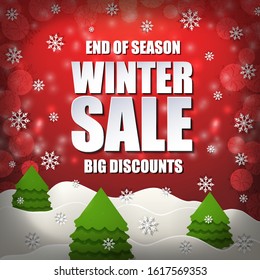Winter sale. End of season sale template for advertising card, poster, banner. White sale text, creative snow waves, trees, shimmering red lights and falling snowflakes. Vector illustration.