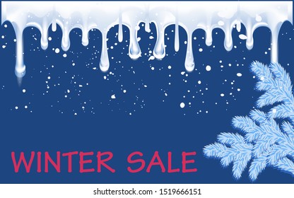 Winter sale. Festive blue background - snowfall, icicle, spruce, branch - vector. Christmas sale banner.