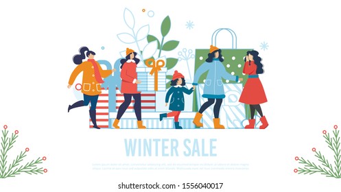 Winter Sale Flat Poster with Happy Women and Kids Going Shopping Standing with Presents Bags and Boxes. Great Discount for Buying Gifts. Christmas and New Year Preparation. Vector Cartoon Illustration