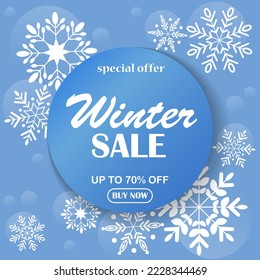 Winter sale flyer with text on round background and snowflakes. Template for commerce, promotion and advertising