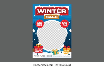 Winter Sale Flyer. Vector illustration with abstract Christmas tree for flyer template, greeting card, poster, banner or social media. Happy New Year and Merry Christmas.