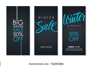 Winter Sale flyers set with hand lettering for business, commerce, promotion and advertising. Discount 50 percent off. Vector illustration.