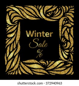 Winter sale frame with hand drawn ornament elements, gold texture, vector