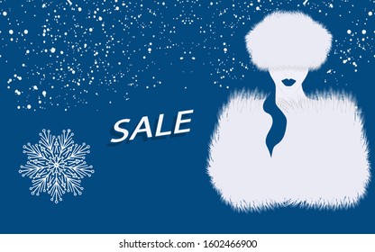 Winter sale fur products. Female image in a hat and a long-pile mantle - isolated on white background - vector. Salon of fur clothes.