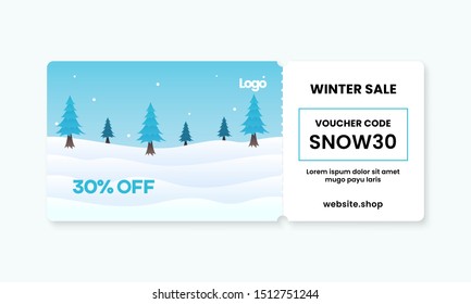 Winter sale gift voucher card template design with snow land landscape background vector illustration and coupon code text for discount promotion.