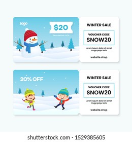 Winter sale gift voucher card template design with cute snowman and kids playing on snow land landscape background vector illustration. coupon code text for discount promotion.