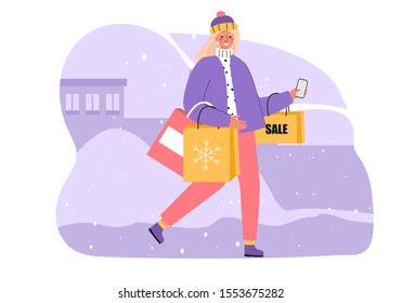 Winter sale, girl with shopping bags and mobile in winter. Vector illustration in flat cartoon style in trendy, modern color.