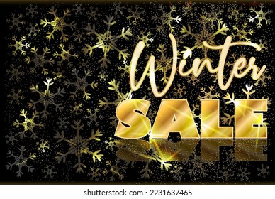 Winter Sale golden banner with xmas snow, vector illustration