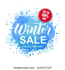 Winter sale hand lettering banner design on textured background. Typography. Vector illustration as poster, postcard, greeting card, invitation template. Concept advertising.