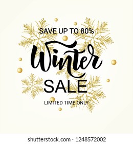 Winter sale hand lettering banner with golden snowflakes. Typography. Vector illustration as poster, postcard, greeting card, invitation template. Concept advertising.