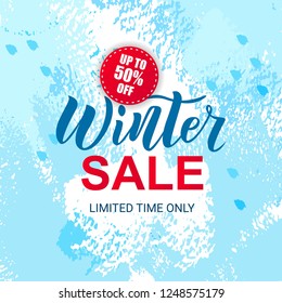 Winter sale hand lettering banner design on textured background. Typography. Vector illustration as poster, postcard, greeting card, invitation template. Concept advertising.
