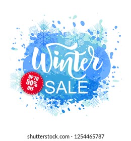 Winter sale hand lettering banner design on textured background. Typography. Vector illustration as poster, postcard, greeting card, invitation template. Concept advertising.
