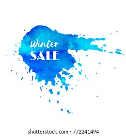 Winter sale. Hand paint blue watercolor texture with snowflakes isolated on white background. Ink dry brush stains, strokes, splash, smudge on banner, badge, tag for shop, market, package. Vector logo