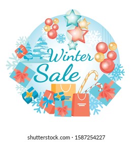 Winter Sale, Happy New Year Promotion Poster Vector Illustration. Shopping Bags and Gift Boxes in Circle. Advertisement for Shop or Store. Winter Landscape Background with Christmas Decorations.