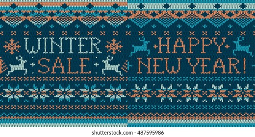 Winter sale, Happy New Year: 2 Scandinavian style seamless knitted patterns with deer. 
