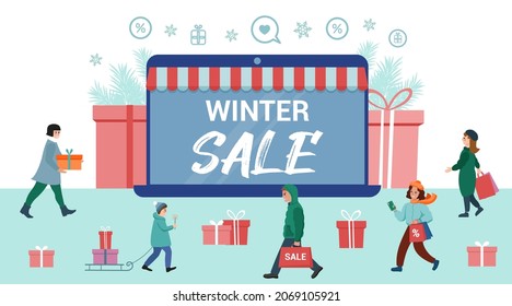 Winter sale. Happy people with shopping. Laptop - online store. Christmas, gifts, discounts. Vector illustration in cartoon style.