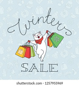 Winter sale. Happy white cat wearing scarf is jumping with shopping bags on background of winter objects: snowman, christmas tree, snowflake, sweater, etc. Vector 8 EPS